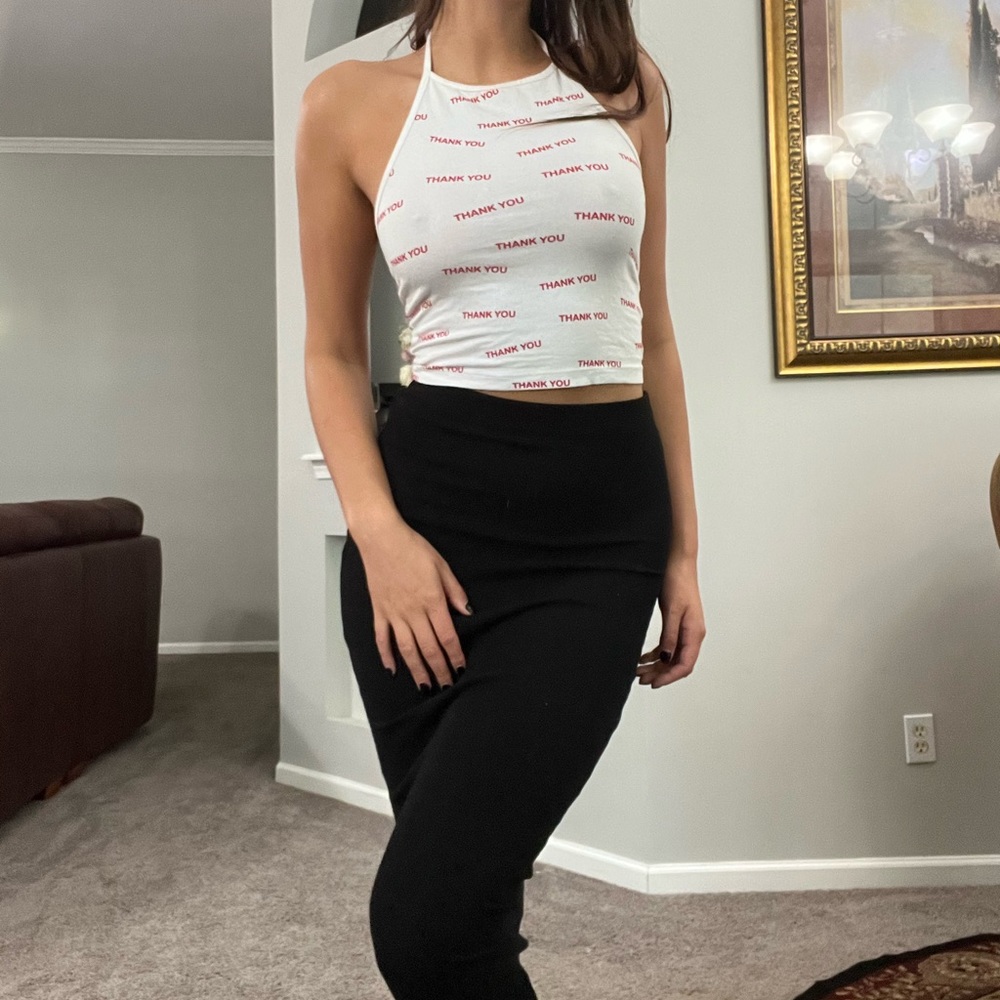 Thank You Graphic Crop Top with Neck Tie
